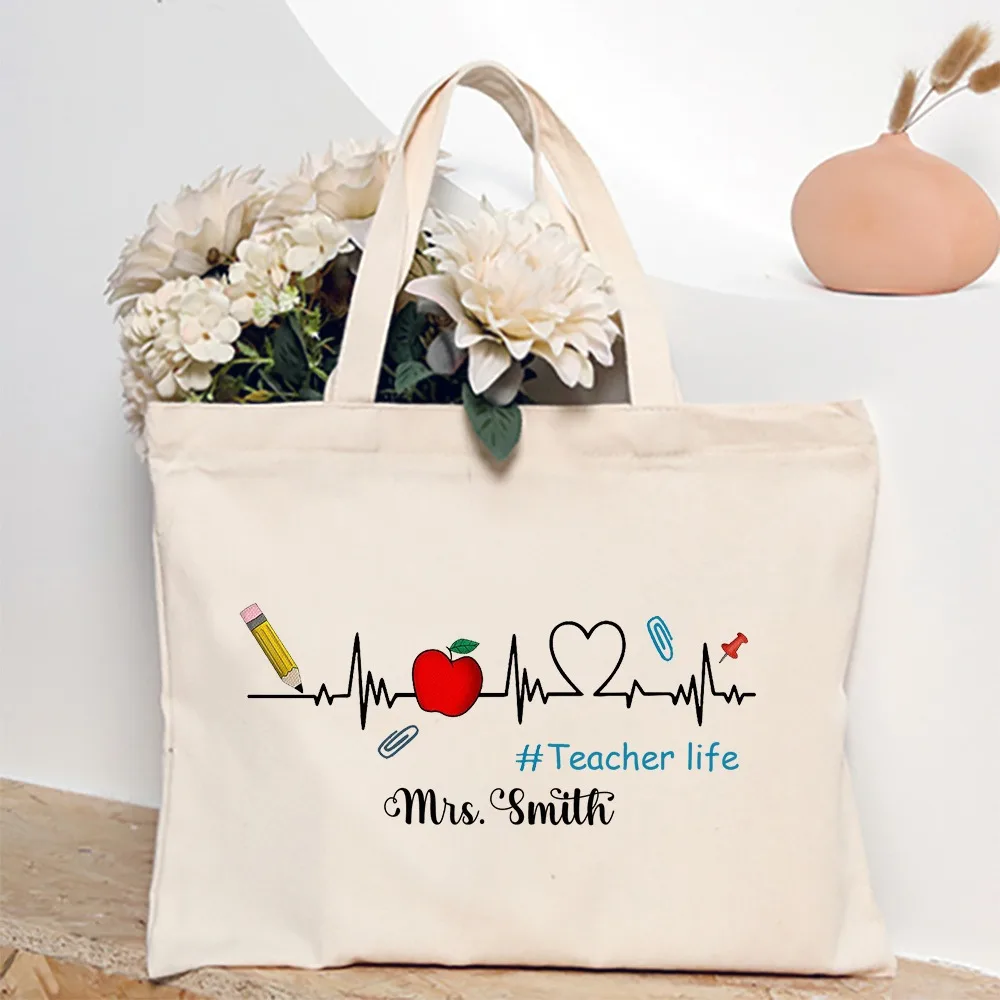 Bolso de mano personalizado con nombre personalizado, bolsos de hombro de lona, bolso de compras de vida para profesores, bolsos de viaje para