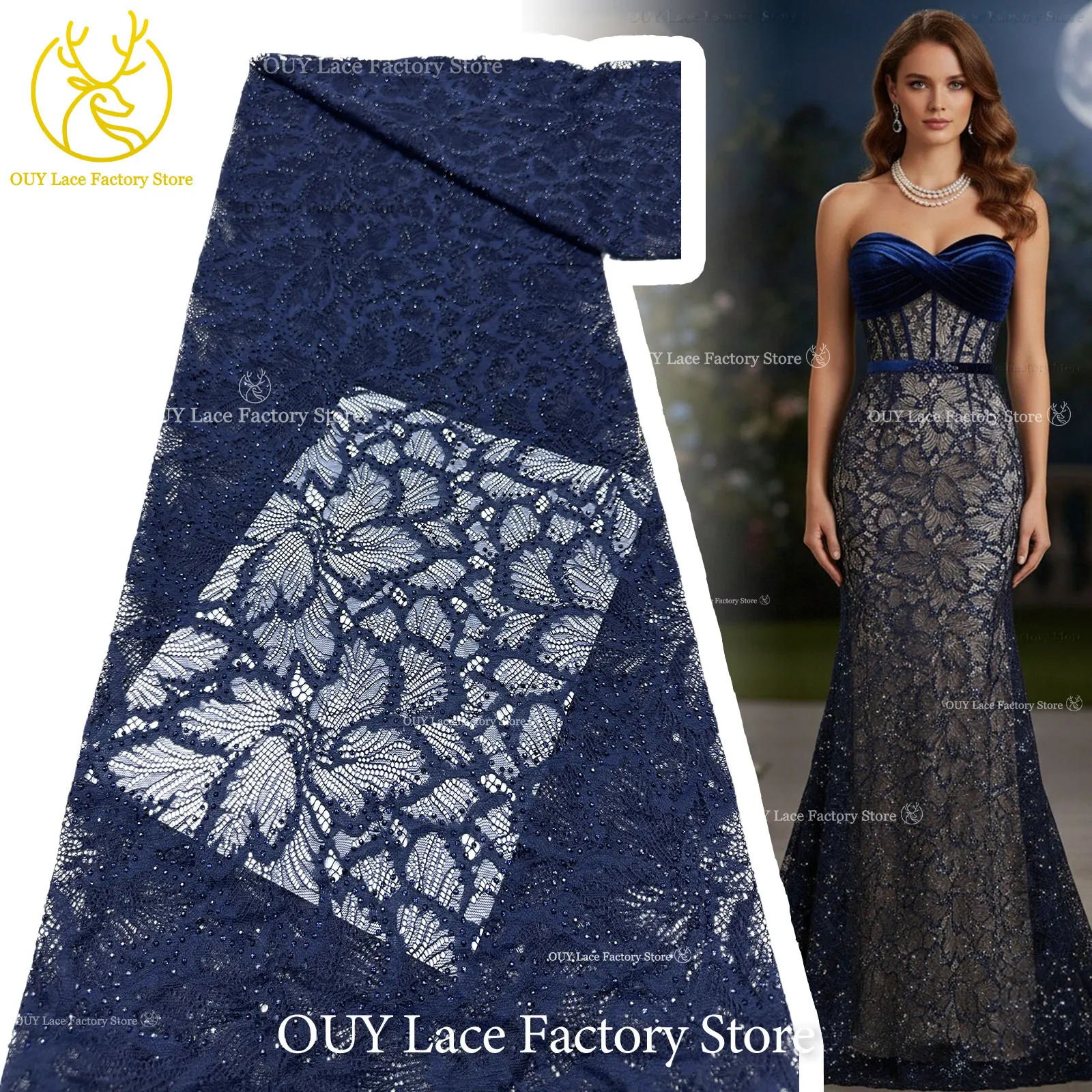 

African Glass Diamond Tulle Lace Fabric French Sequins Beaded Nigerian Embroidery Lace Fabric For Party Dress Wedding Dress