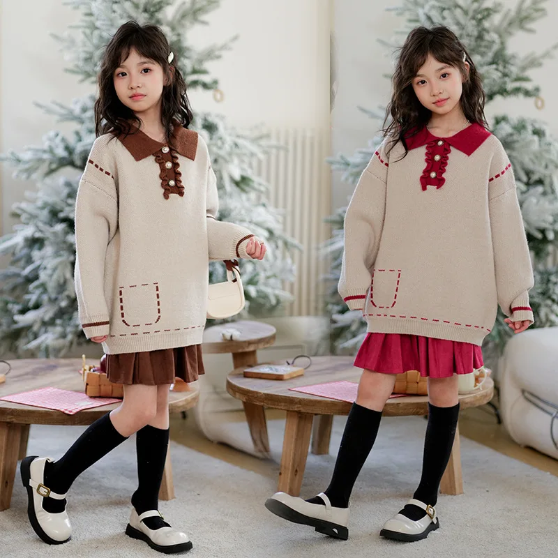 

Autumn Children Girl 2PCS Clothes Set Junior Girl Contrast Lapel Pearl Buckle Sweater Tops+Pleated Skirt Sets For Girl 2 Pieces