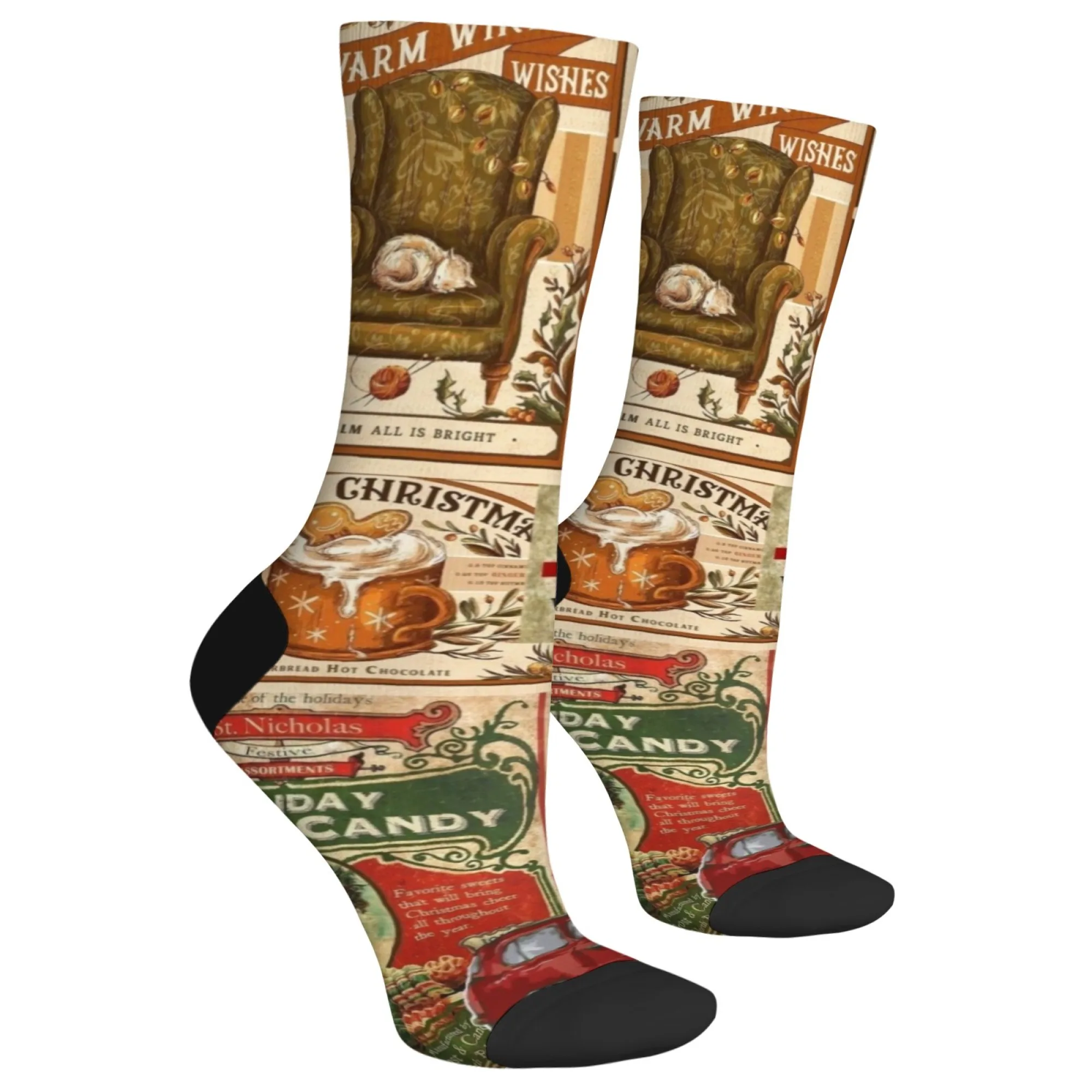 Calzini da uomo con stampa patchwork natalizia retrò Harajuku - Calzini casual per le vacanze di Natale in stile street romanzo - Regalo divertente per le feste