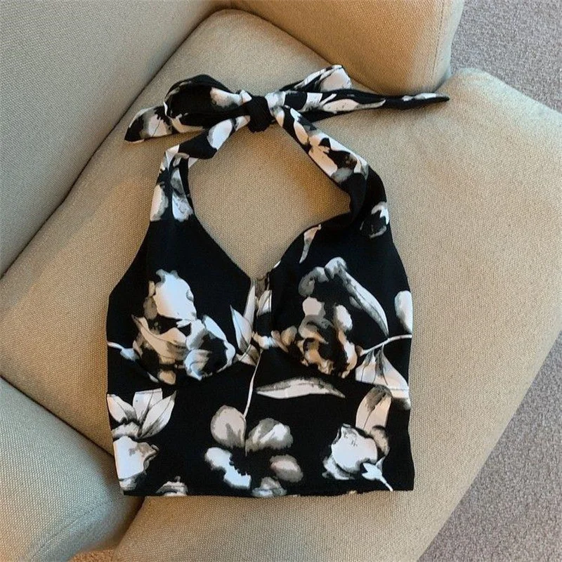 قميص قصير برقبة معلقة على شكل زهرة للسيدات صيفي جديد مثير برقبة على شكل حرف v ملابس خارجية للتخسيس مكشوفة من الخلف بأربطة علوية