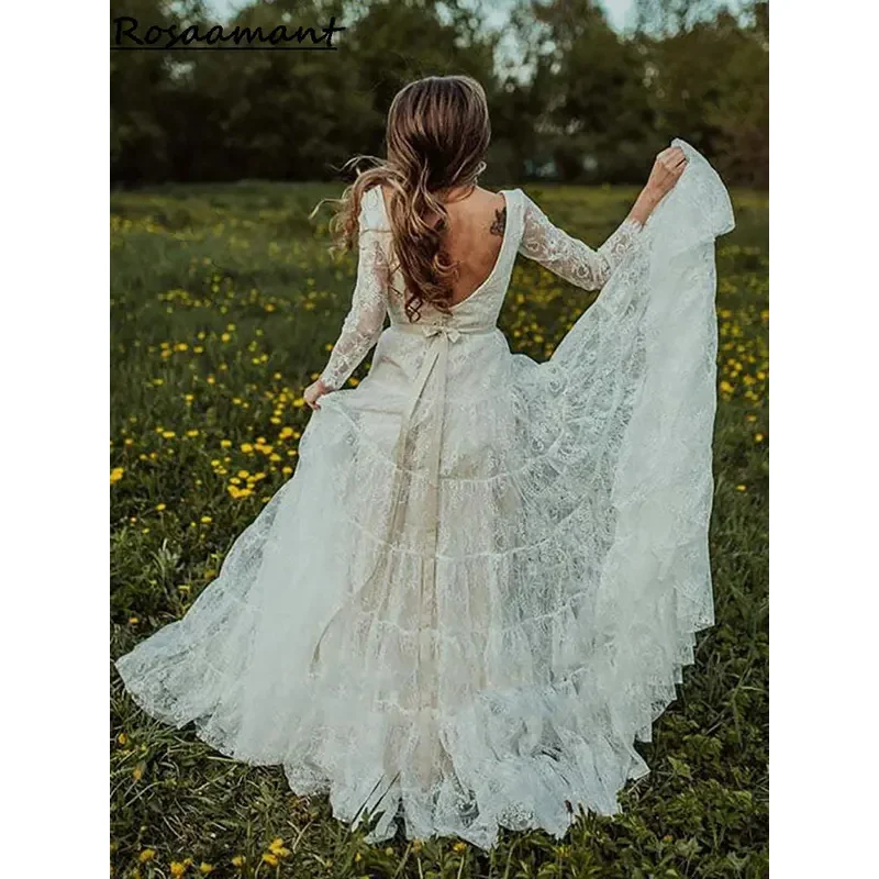 Винтажные свадебные платья трапециевидной формы с v-образным вырезом и длинными рукавами, аппликации с открытой спиной, кружевные многоярусные свадебные платья в стиле кантри