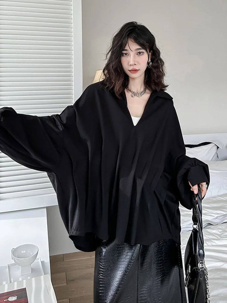 Black Brief Pleated Big Size Casual Jacket New V-neck Long Sleeve Women Coat Fashion Tide Spring Autumn