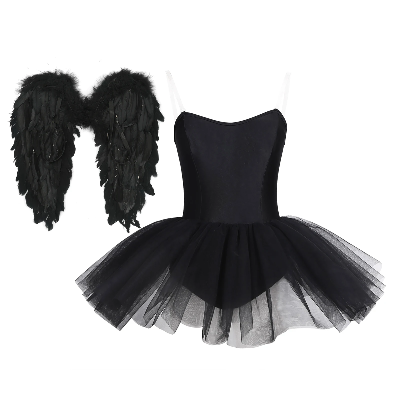 Robe Tutu de Ballet pour femmes, tenue de Cosplay de fête d'halloween, robe justaucorps de danse sans bretelles + ailes de plumes, Costume de spectacle sur scène