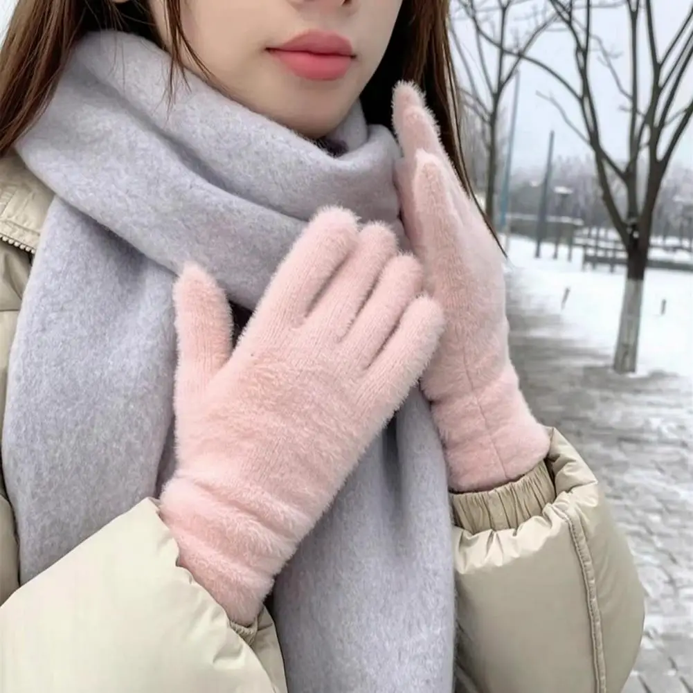Fashion Winter Mink Velvet Five Finger Gloves Plush Warm Cold-proof Gloves Women Outdoors Cycling Thickened Cold-proof Gloves