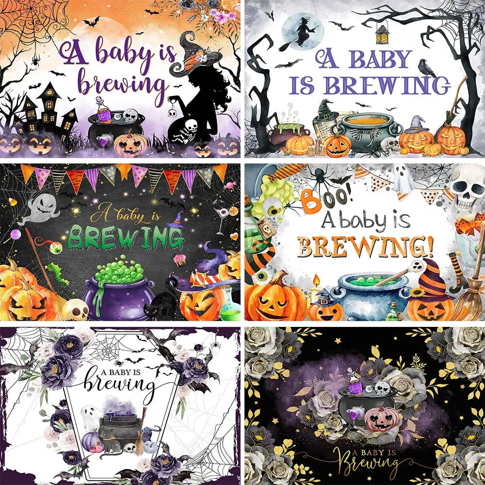 Mocsicka Halloween Baby Shower Backdrop Evil Pumpkin Newborn Welcome Party Decor A Baby is Brewing Background Photo Studio Props