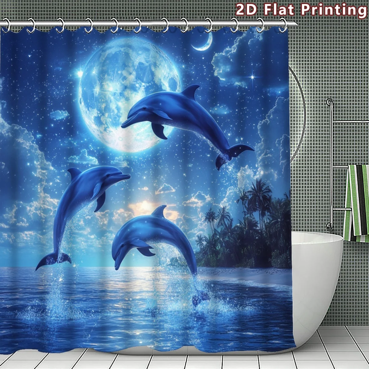 Cortina de ducha Blue Dolphin Moon Galaxy, impermeable, escena nocturna del océano tropical, cortina de baño de poliéster, decoración del hogar