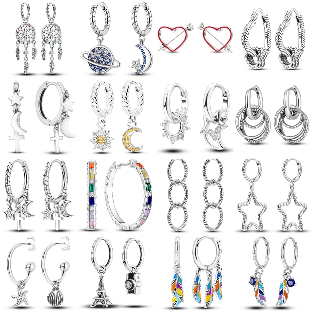 54 Style 100% 925 Sterling Silver Drop Earrings Dream Catcher Moon star Feather Heart Earring For Women Fine Zircon Jewelry Gift