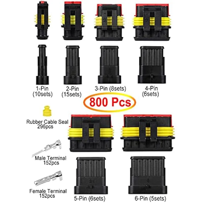 

800Pcs Automotive Electrical Connectors Automotive Electrical Wire Connectors Plug Kit 1/2/3/4/5/6 Pin Connectors