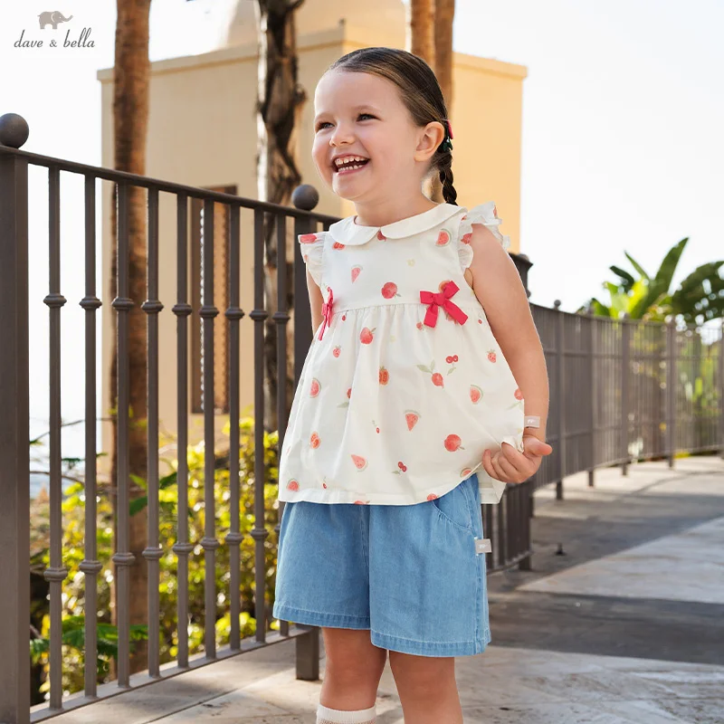 

Dave Bella Children Shorts Set Summer Spring Girls Short Sleeve Top Elastic Pant Two Piece Set Pure Cotton Kid Clothes DB2251659