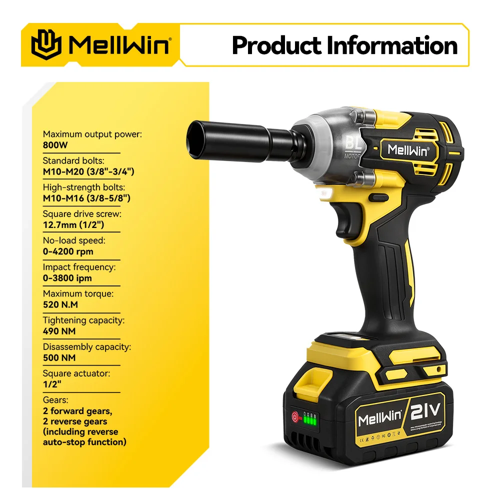 MELLWIN Electric Impact Wrench 520Nm 3 in 1 Brushless Cordless Drill Screwdriver Home Repair Tool for Makita 18V Battery Pin - Image 2