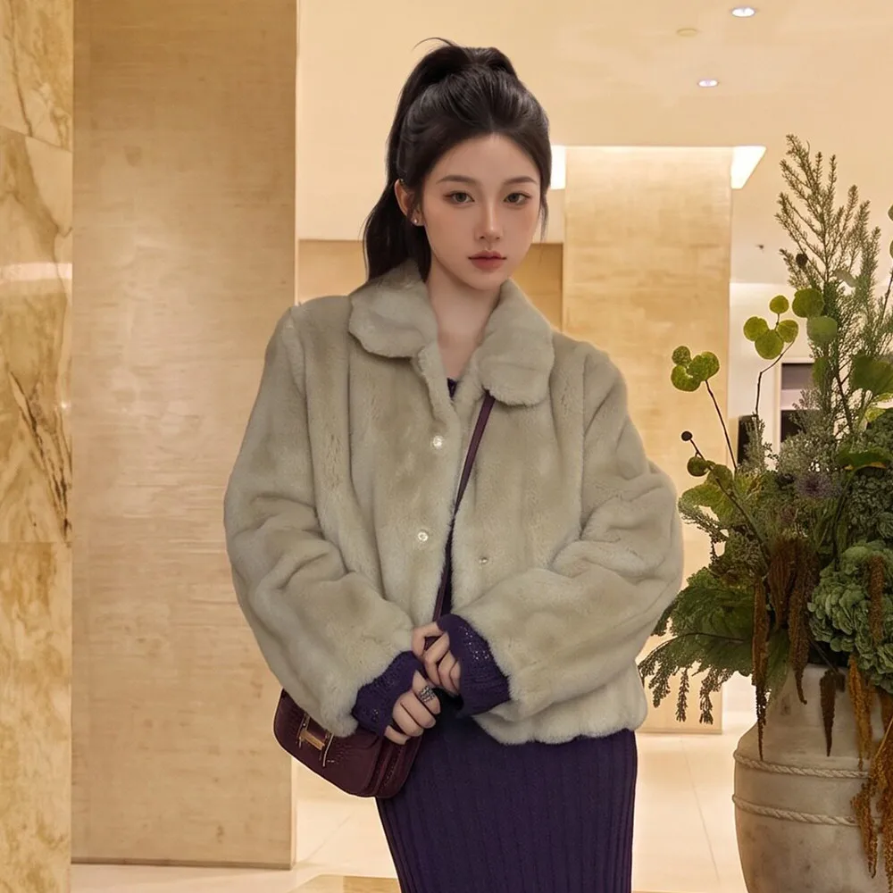 Trendy Winter Women Beige Furry Hairy Fox Mink Fur Coat Lapel Collar Long Sleeve Warm Shaggy Jacket Loose Short Outerwear