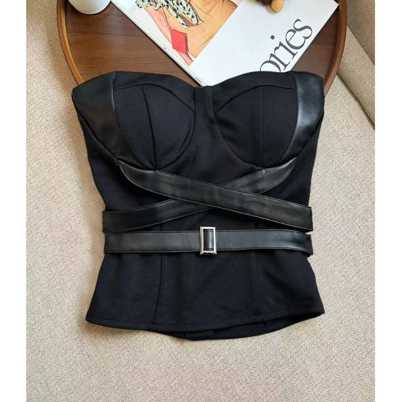 Y2k Strip Chain Halter Black Patchwork Camisole Women Streetwear Sexy American Vintage Hot Girl Crop Top Bodycon Spring Summer