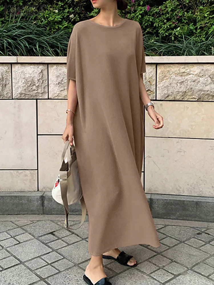 ZANZEA Gaun Sundress Setengah Lengan Musim Panas Mode Gaun Maxi Wanita 2025 Jubah Panjang Solid Kasual Gaun Kerja Leher-o Vestidos Liburan