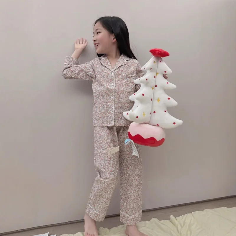 OUYANG&IVAN Children's Set 2025SS Spring/summer Children's New Floral Cotton Poplin Homewear Girls Pajamas Set