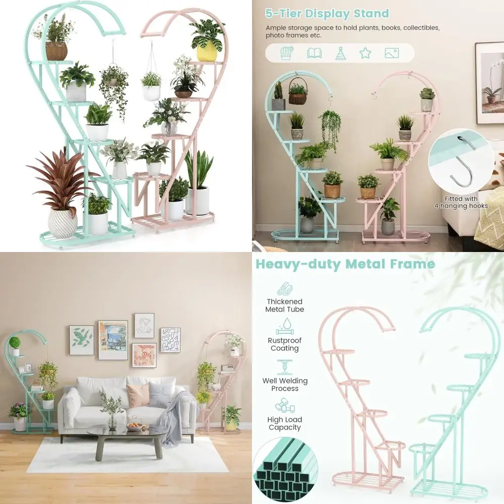 

Multi-Tiered Heart-Shaped Indoor Metal Plant Stands for Multiple Plants, Hanging Hooks Included, 2-Pack Sturdy Plant Holders