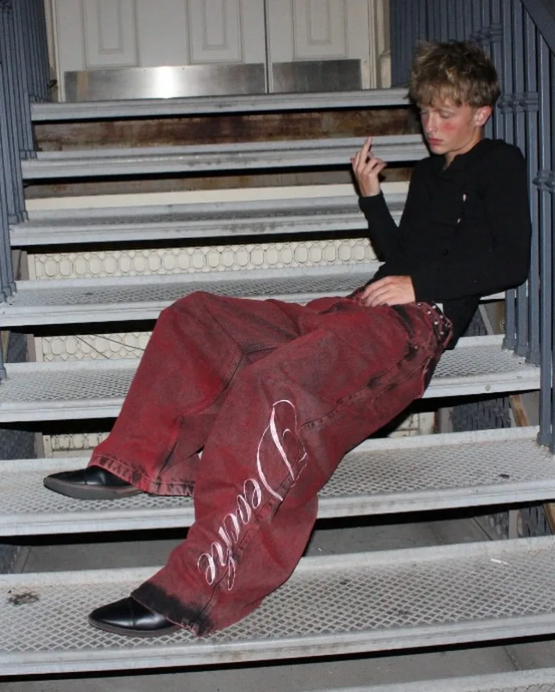 Y2K فضفاض الجينز غسلها الأحمر خمر إلكتروني طباعة برشام حزام خصر تصميم عالية الخصر واسعة الساق الجينز القوطي تحسس بنطلون الشارع الشهير #1