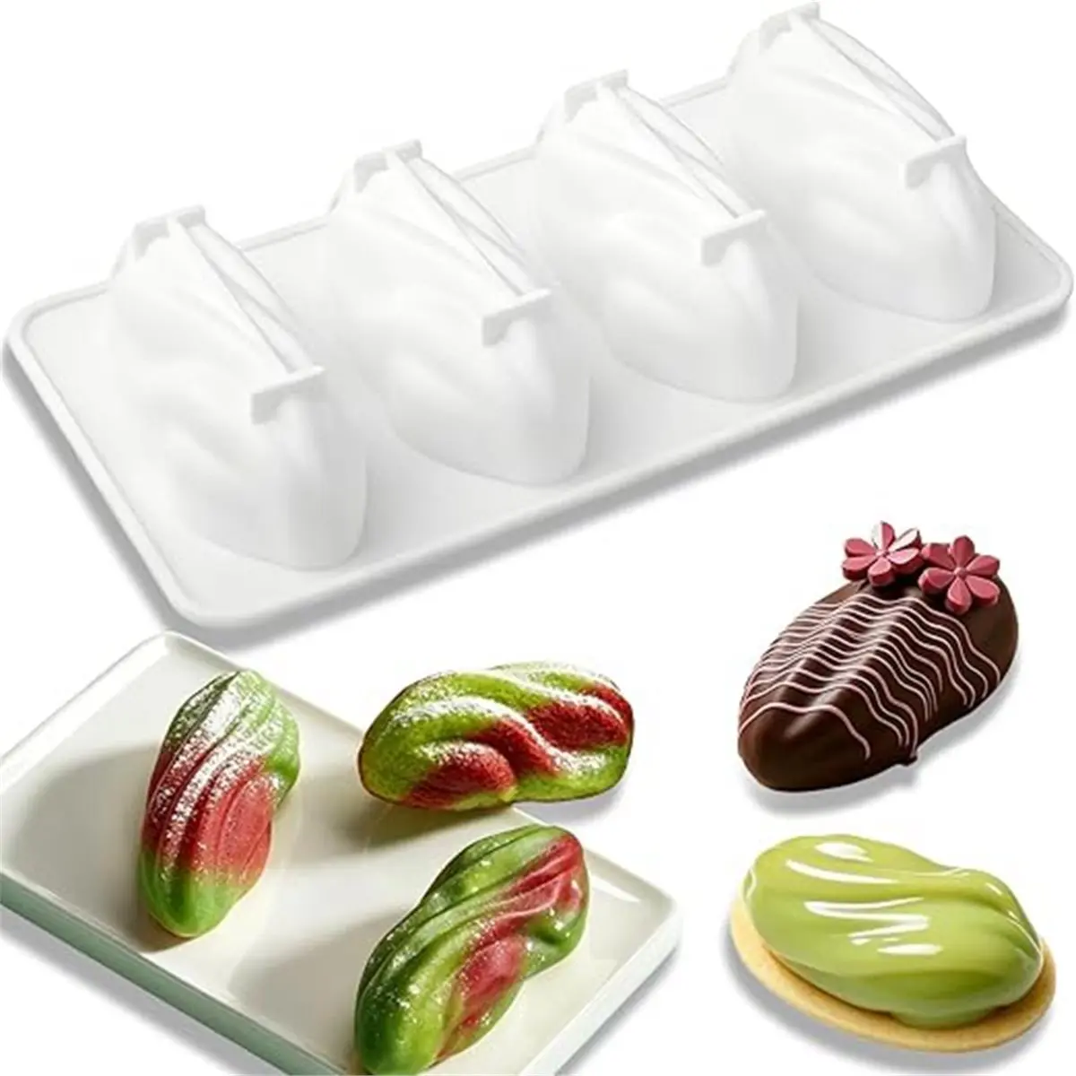 4-Cavity Silicone Pistachio Mold - Food Grade Baking Tray for Chocolate, Mousse Cake & DIY Dessert Black