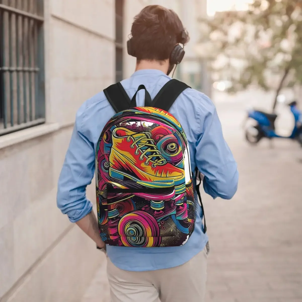 Colorful Graffiti Roller Skate Themed Student Backpack School Bag Hiking Travel Daypack for Boys Girls Bookbag Shoulder Bags