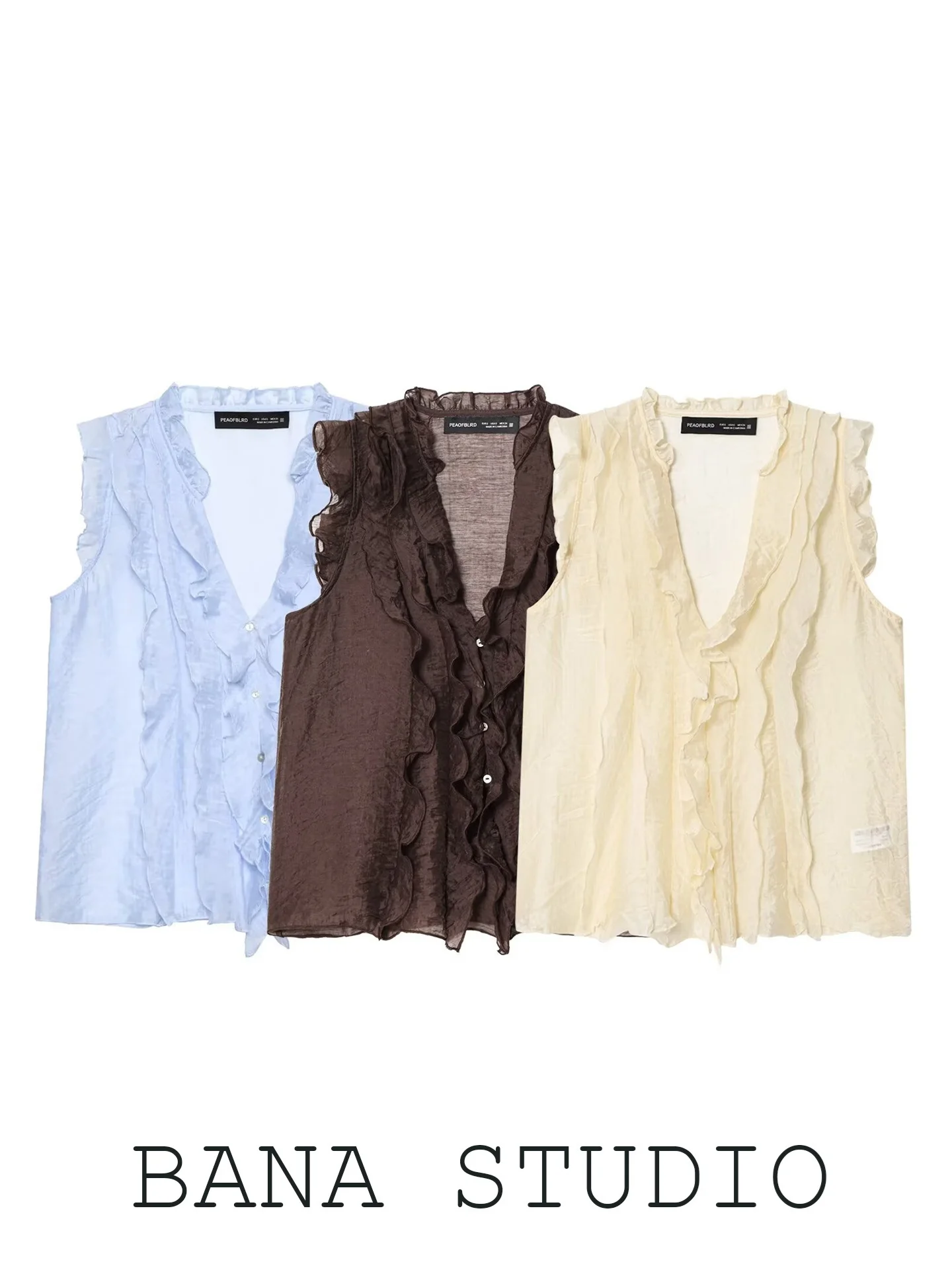 

BANA Women's V-neck Lace Trim Sleeveless Shirt French Style Straight Cut Transparent Summer Top Pure Color Button Closure