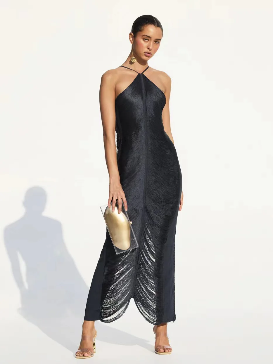 2024 Elegant Shiny Metallic Halter Midi Dress For Women Sleeveless Backless Bodycorn Long Vestidos Lady Party Club Evening Robes