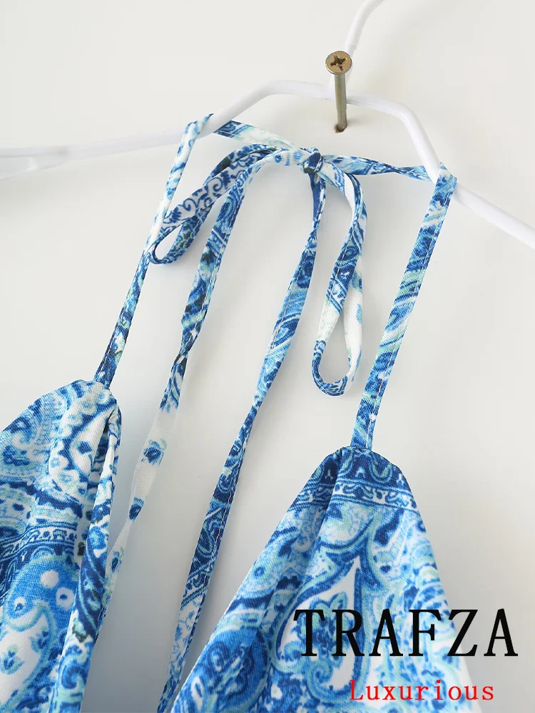 Trafza Vintage Casual Chic Print Vrouwen Jurk Halter Strand Lange Jurk Mode 2024 Zomer Chique Boho Feest Vrouwelijke Jurk