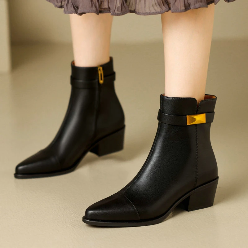 

2024 Genuine Leather Women Ankle Boots Autumn Winter Working Casual Poined Toe Med Heels Shoes Size 34-40