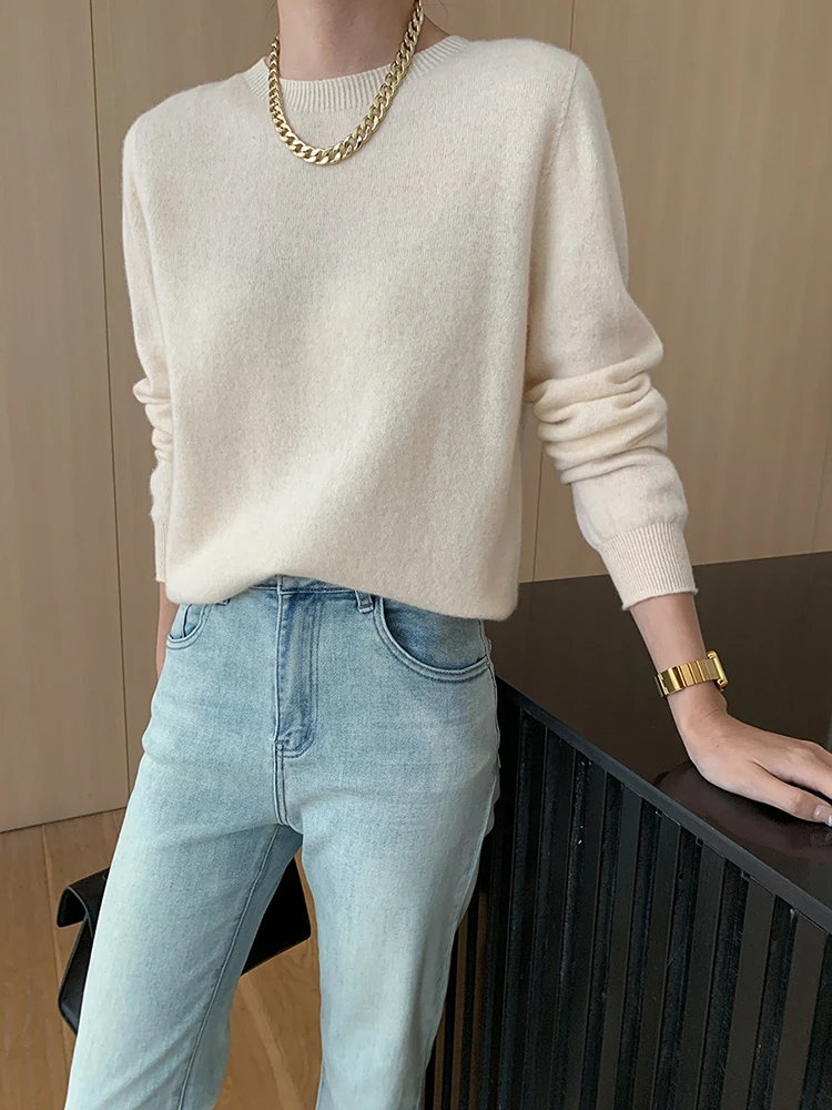 [LANMREM] Knitting Pullover Sweater For Women Solid Round Neck Long Sleeve Office Lady Fit Female Tops 2024 Autumn New 26C161