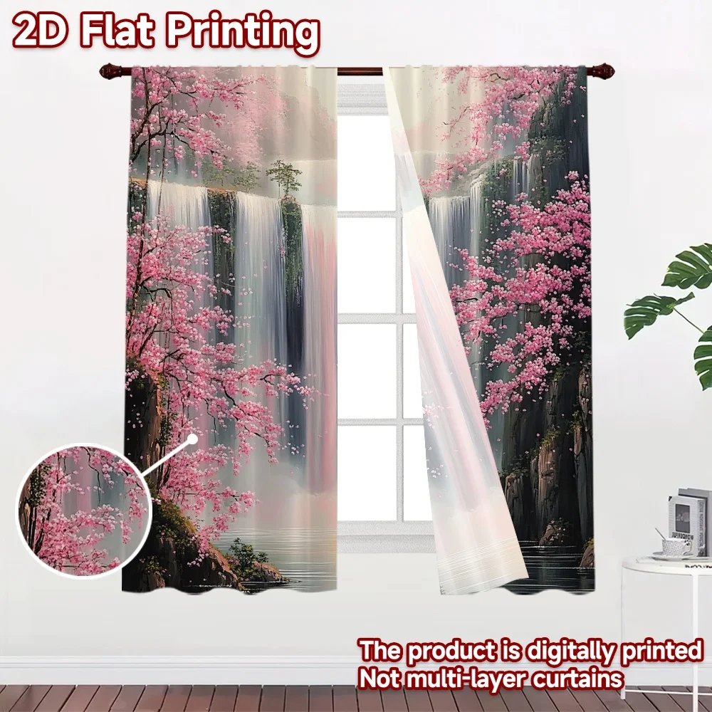 2D flat 2pcs Curtain Modern Minimalist Style Cherry Blossom Waterfall Durable polyester fiber Party & Holiday Decor Use for
