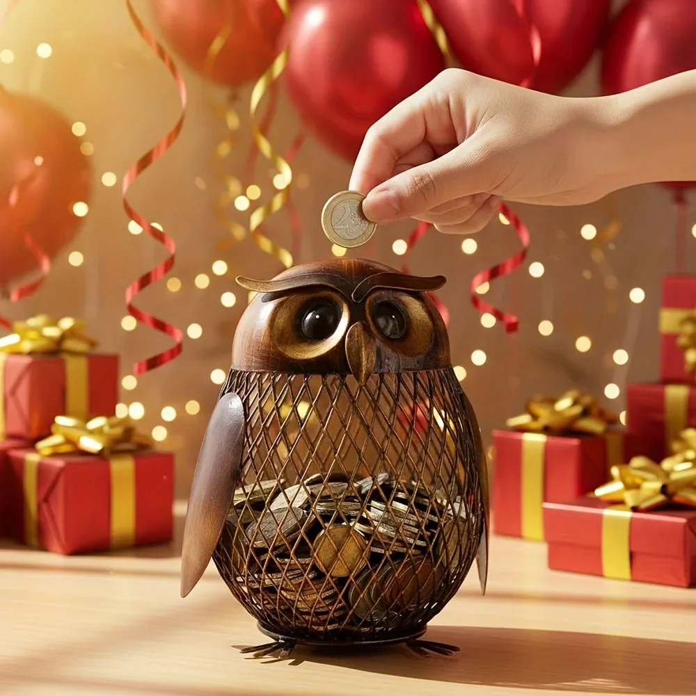1pc Owl Animal Shaped Coin Box Metal Home Decor Rustproof Handmade Metal Coin Jar Piggy Bank Birthday Christmas New Year Gift