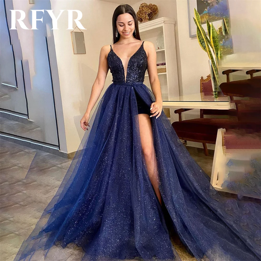 RFYR Navy Blue Prom Dress Sequins Evening Party Dress A Line Dress Floor Length Elegant Sleeveless Tulle Party Gowns Customized