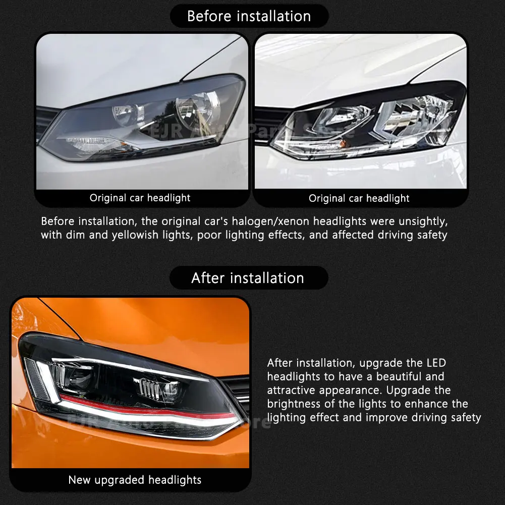 For Volkswagen Polo 2010-2017 Headlight Assemblies Flowing Turn Signal Dynamic Daytime Light Upgrade Refit Car Front Head Lamp