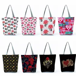 Valentine's Day Gift Rose Print Handbags Casual Women Ladies Big Shopping Bags Beach Tote Outdoor Foldable Lady Shoulder Bags