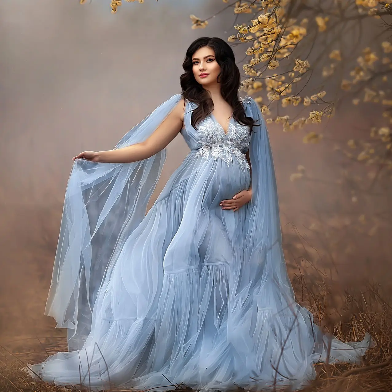 Dusty Blue Maternity Dress for Photoshoot Pregnant Women Photography Dresses Appliqued Beads Baby Shower Gowns