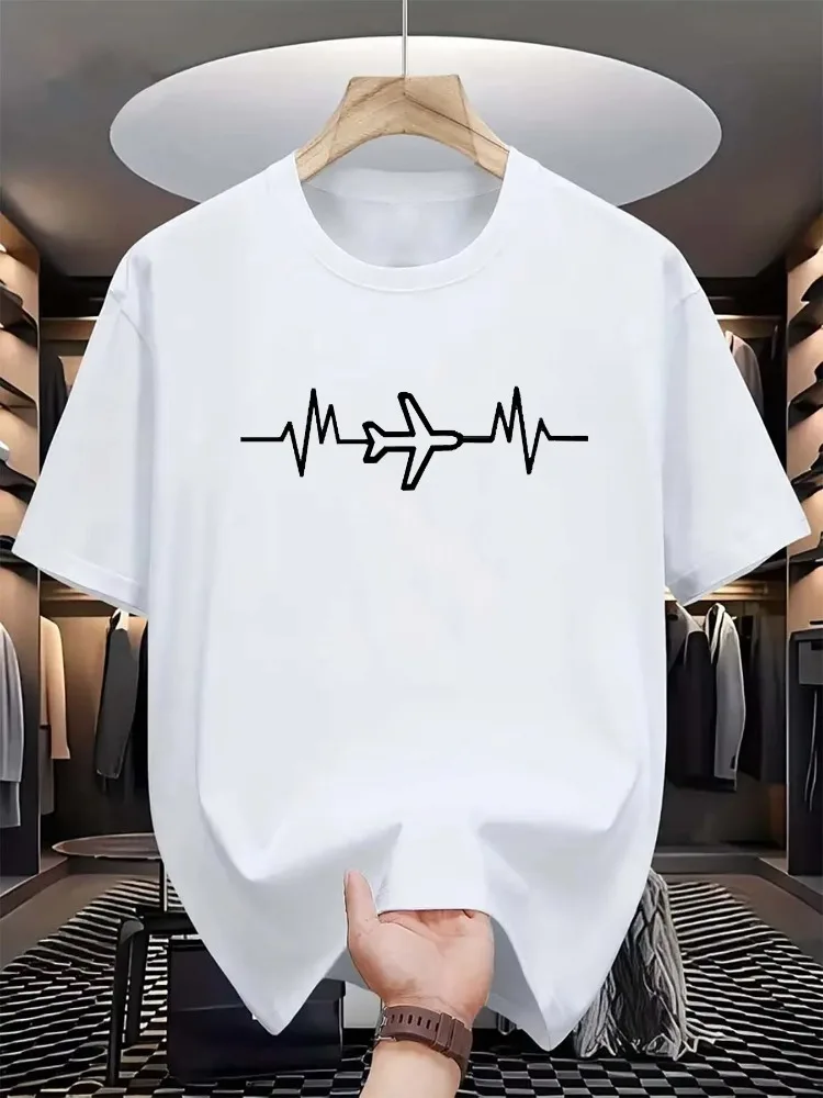 Men's Summer 100% Cotton Fashionable Casual Loose Sports Creative Airplane Pattern Printed Round Neck Short Sleeved T-shirt Top