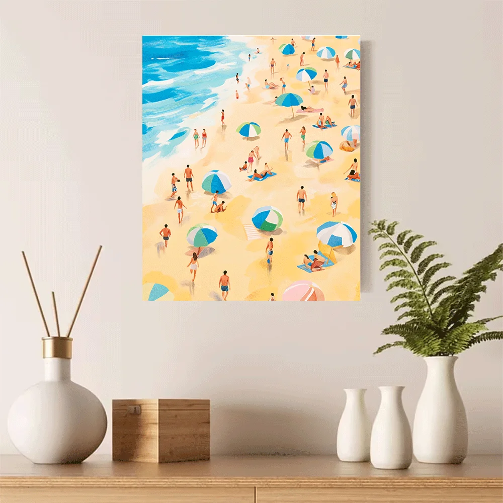 1PC-Unframed Canvas poster wall decoration Beach Summer Vibes People Umbrellas Ocean Waves Sunbathing Paradise