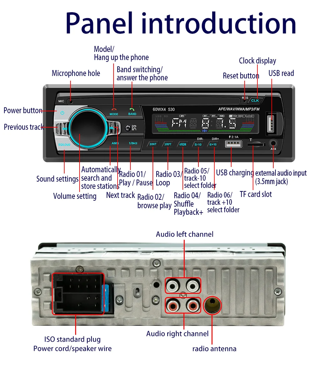 BQCC 1din Universal Car Radio MP3 Player FM/BT/AUX/ USB/Phone Charging 7 Color Lights Car Stereo For Volkswagen/BMW/KIA/FORD