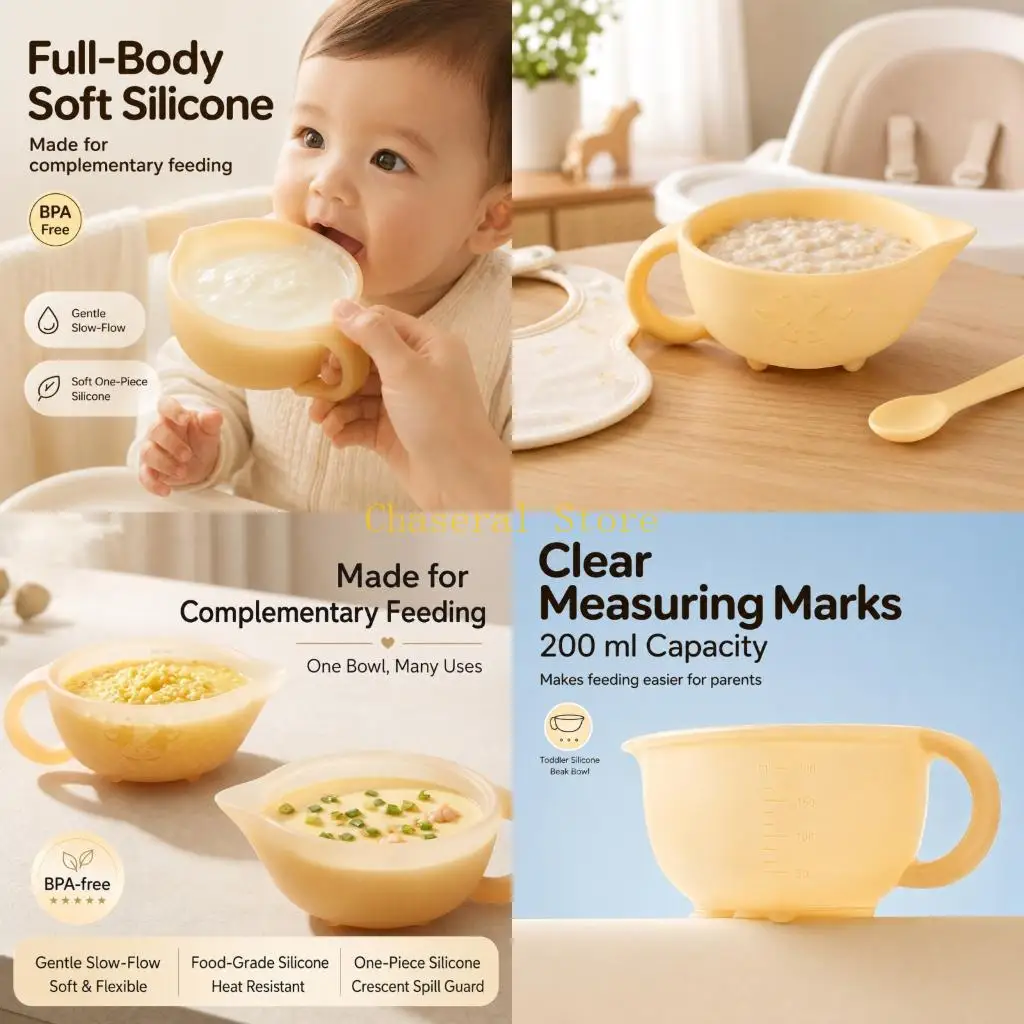 E7CE Baby Feeding Bowl for Complementary Foods with Tapered Spout, Integrated Handle, Soft Silicone Body, and Embossed Animal