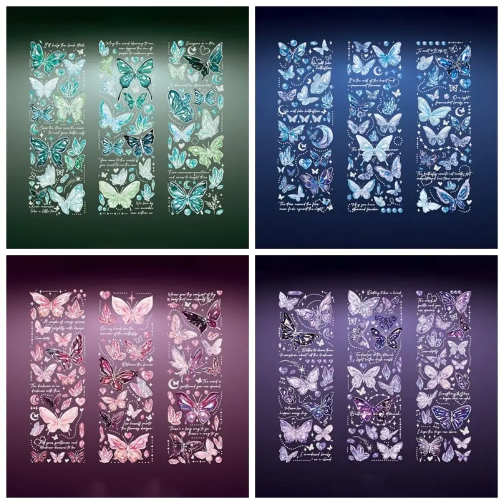 3 Sheets Glitter Butterfly Stickers PVC Vintage Ledger Decoration Stickers Waterproof Delicate Aesthetic Handbook Decal Laptop