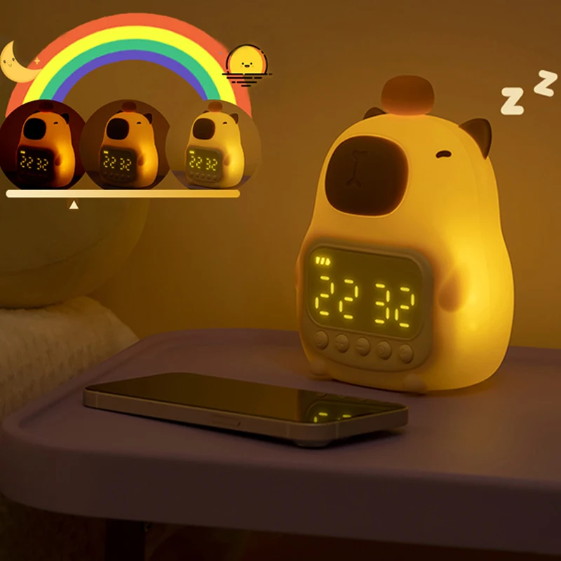 Cute Rechargable Kids Alarm Clock Night Light Touch Snooze Always-on Display Desktop Table Clock 12/24H Alarm Music LED Clock