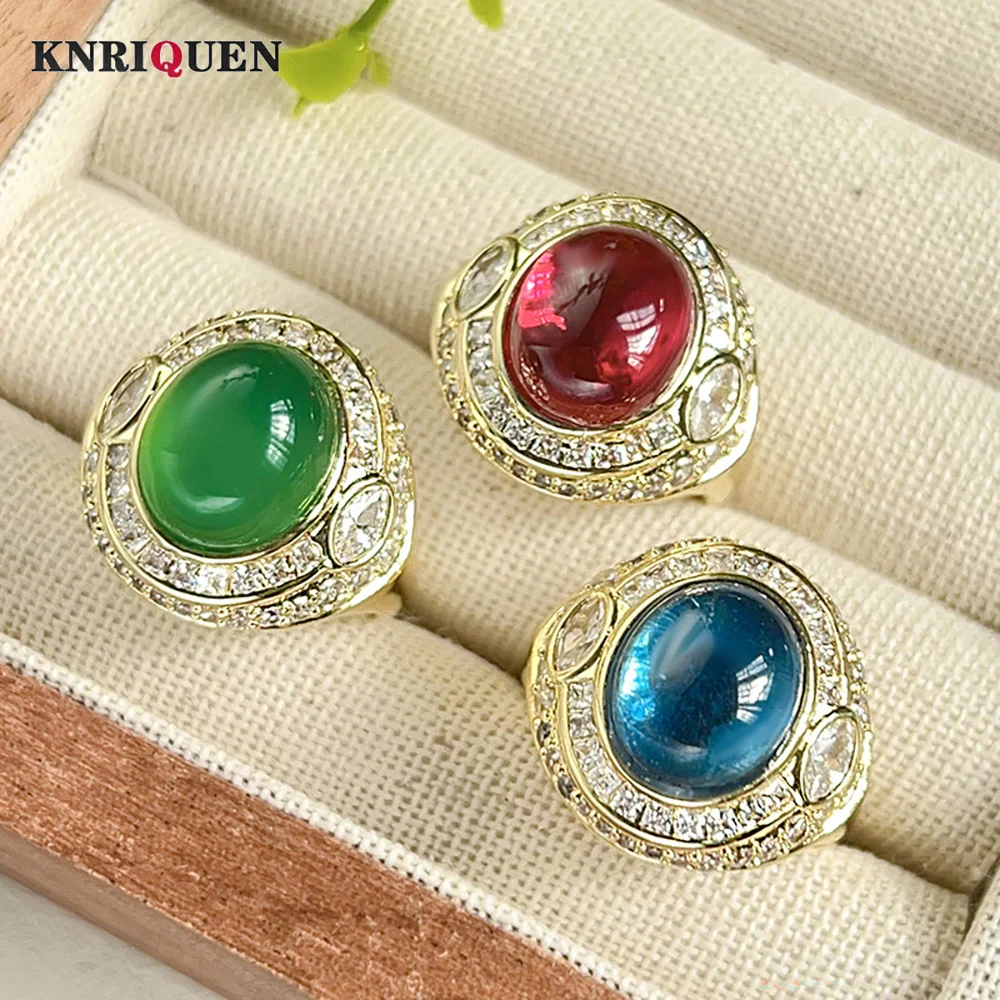 

Retro Luxury 10*12MM Ruby Sapphire Emerald Gold Color Rings for Women Lab Diamond Cocktail Party Fine Jewelry Accessories Gifts