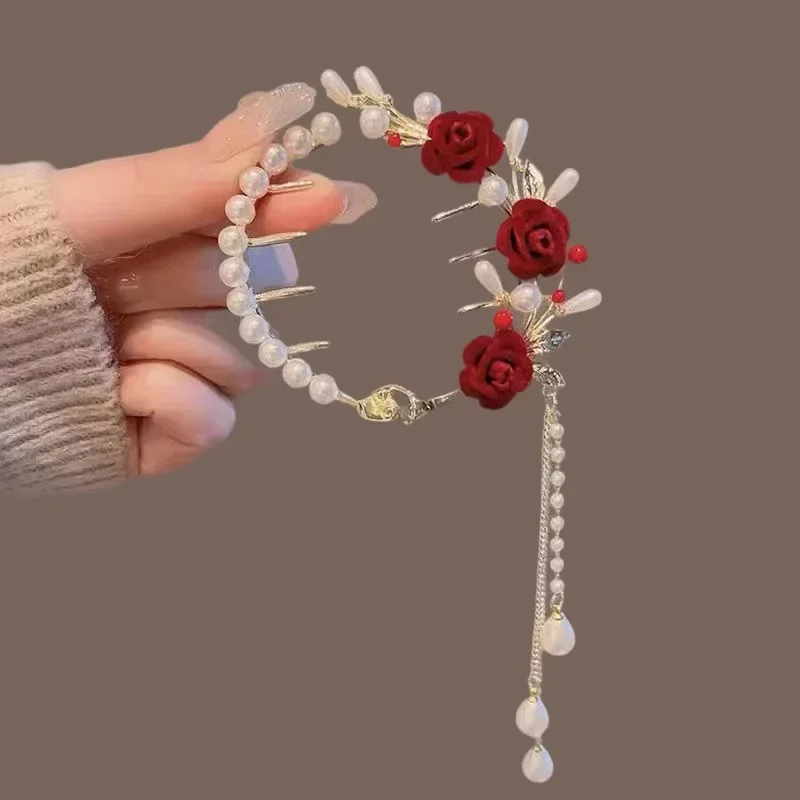 Women Hair Claw Pill Head Ponytail Buckle Pearl Rhinestone Tassel Hair Clip Headdress Elegant Hairpin Barrette Hair Accessories