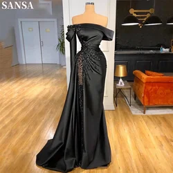 Sansa Elegant A-Line Black Satin Eveing Dress Off the Shoulder Wedding Dresses Floor-Length Pleats Crystal vestidos de fiesta