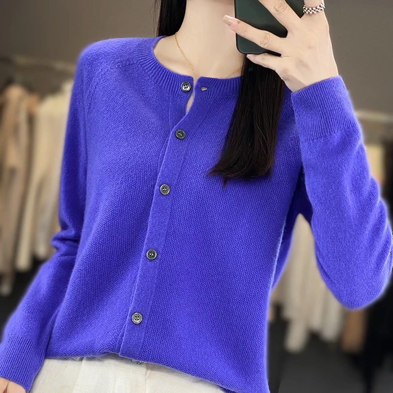 Autumn and winter 100% merino wool long sleeve knitted cashmere sweater ladies knitted O-neck cardigan loose solid color coat