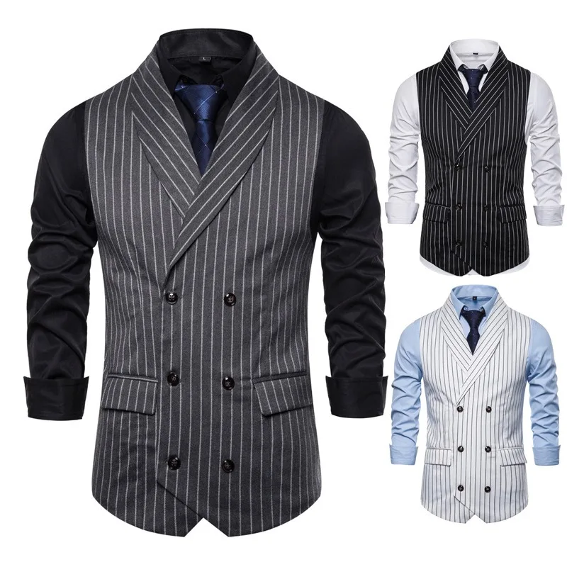 

New Autumn Battle Collar Suit Vest Men's Retro Striped Oversized Sleeveless Suit Vest Double Breasted Camisole