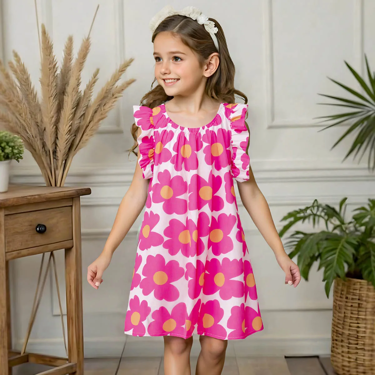 Summer Girl Casual Floral Pattern Kids Summer Clothes Keyhole Dress Ruffle Trim Pleated Dress Cheap Direct