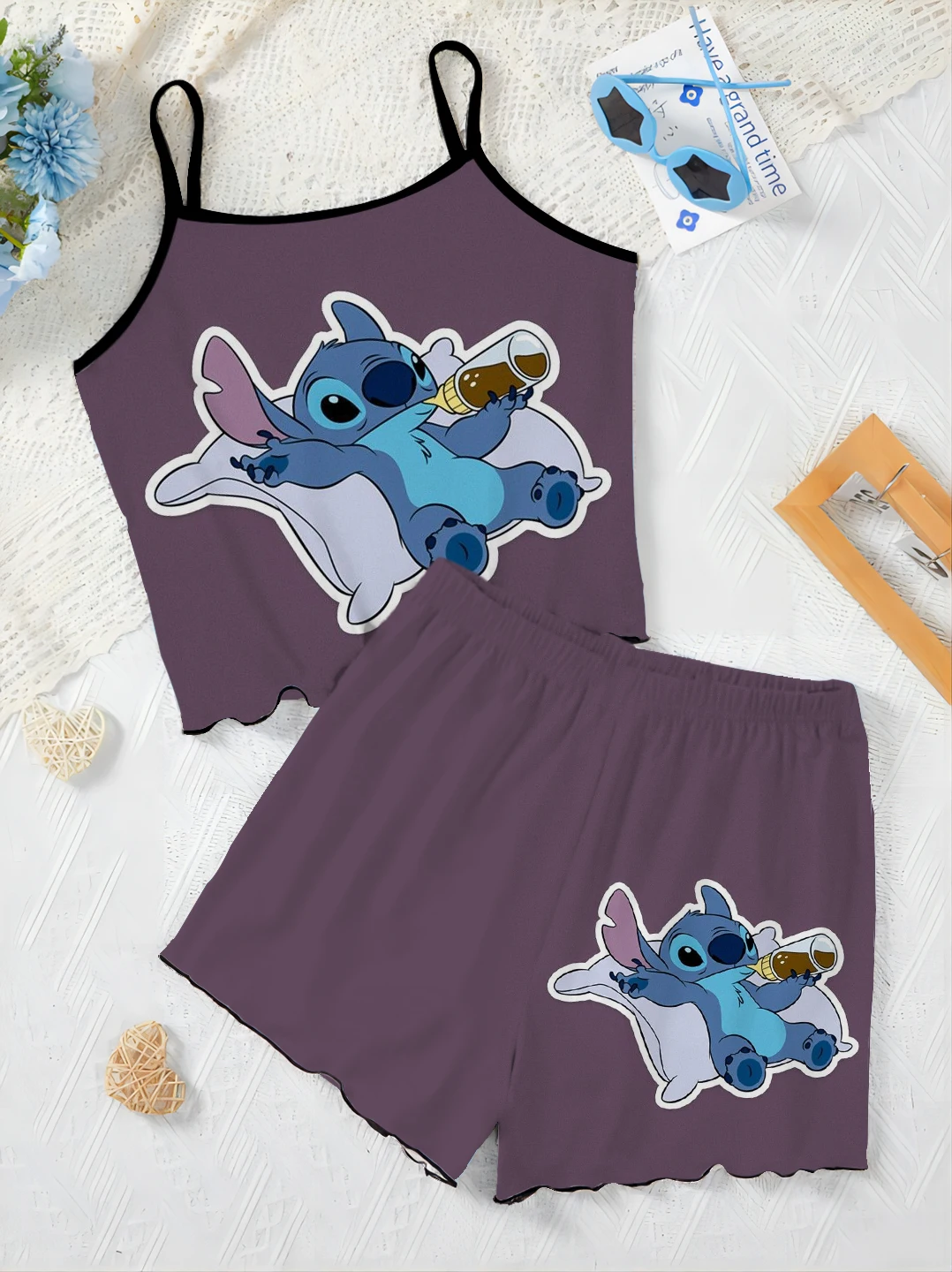 Eleganti completi da donna per donna 2 pezzi t-shirt con finiture in lattuga Slip Dress gonna pigiama Disney Stitch abito corto completo da casa