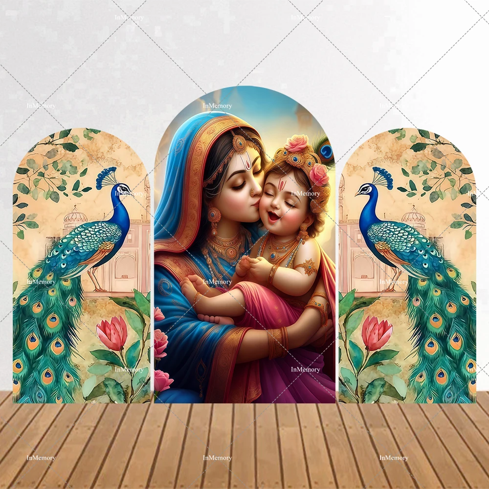 Indian Peacock Floral Krishna and Radha Baby Arched Background Birthday Party Arch Backdrop Cover Banner Photography Background