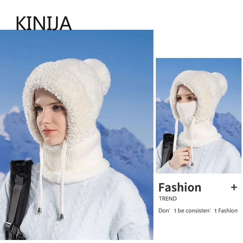 Women Winter Velvet Knitted Hat Ear Protection Fluffy Hat Mask Neck Integrated Warmth Cover Hat Hooded Cap Gorras Para Mujer