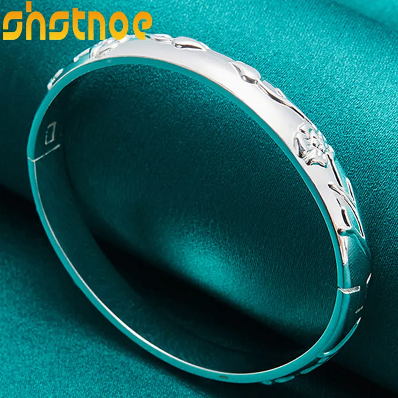 

925 Sterling Silver Relief Flower Bangle Bracelet For Women Engagement Wedding Charm Fashion Jewelry